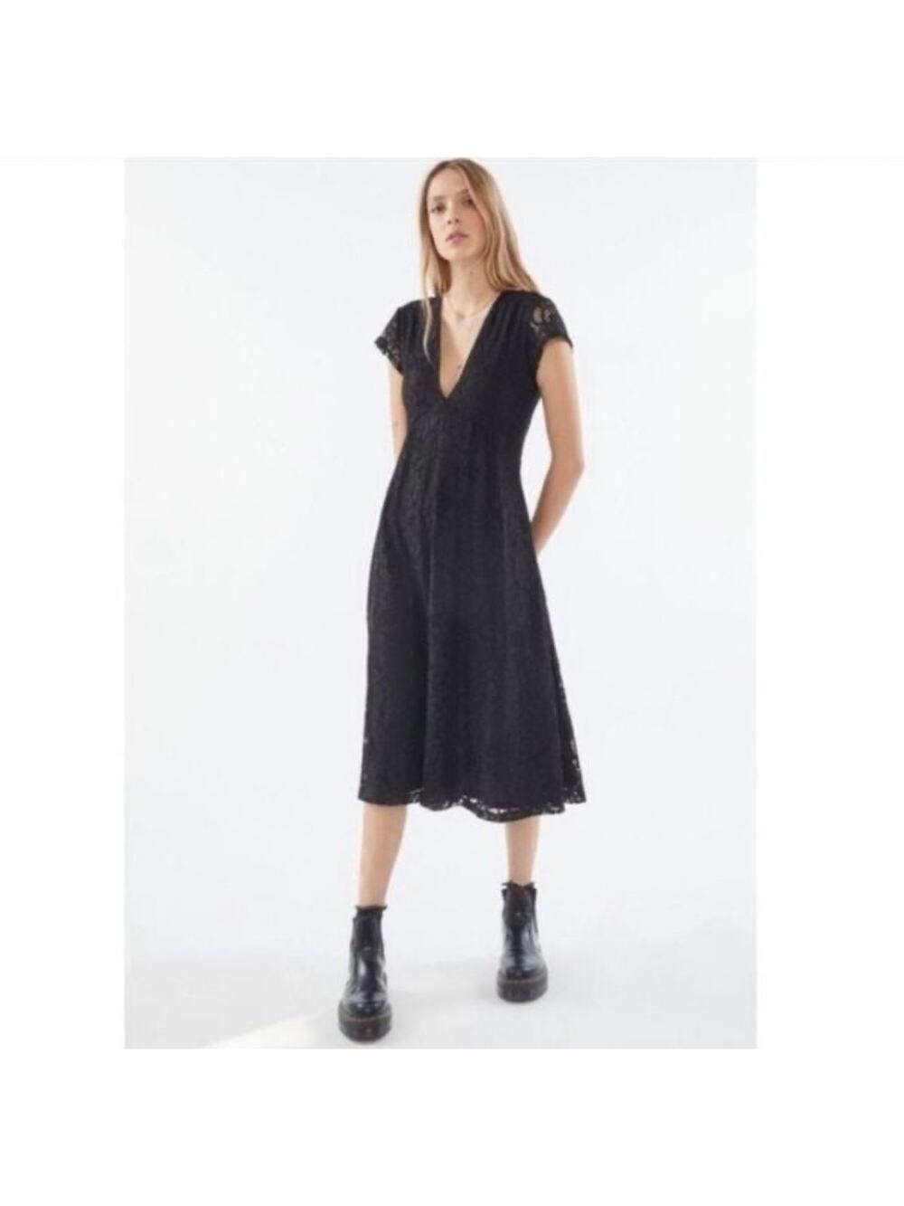Urban Outfitters Imogen Black Lace Plunge Neck Midi Dress